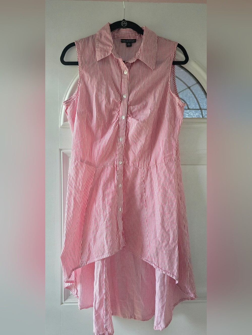 Thread Story XL Red White Stripe Sleeveless Hi-Low Shirt Dress 100% Cotton